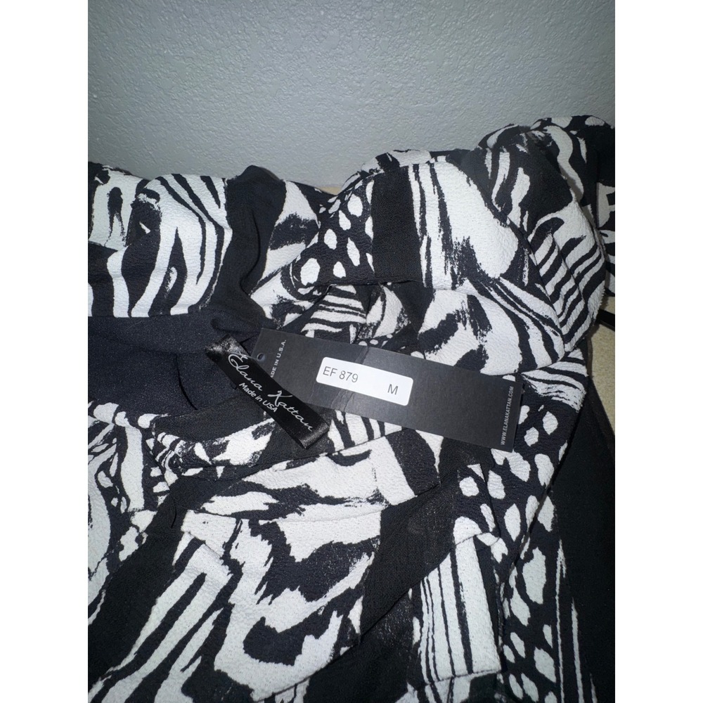 Elana Kattan Black White Abstract Animal Print Ruched Mesh Sleeve Dress M NWT - Picture 6 of 7